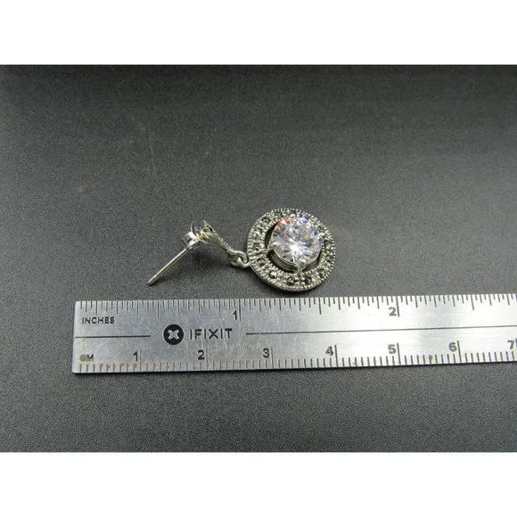 Sterling Silver Round CZ And Marcasite Accent Dangle Earrings Vintage Wedding - Picture 5 of 6